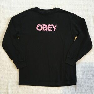OBEY Propaganda‎ N89 Black Long Sleeve T Shirt Women's Medium Pink Logo